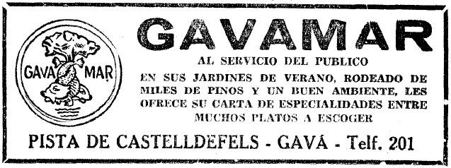 Anuncio del Restaurante Gavamar de Gavà Mar publicado en el diario LA VANGUARDIA (3 de Julio de 1958)